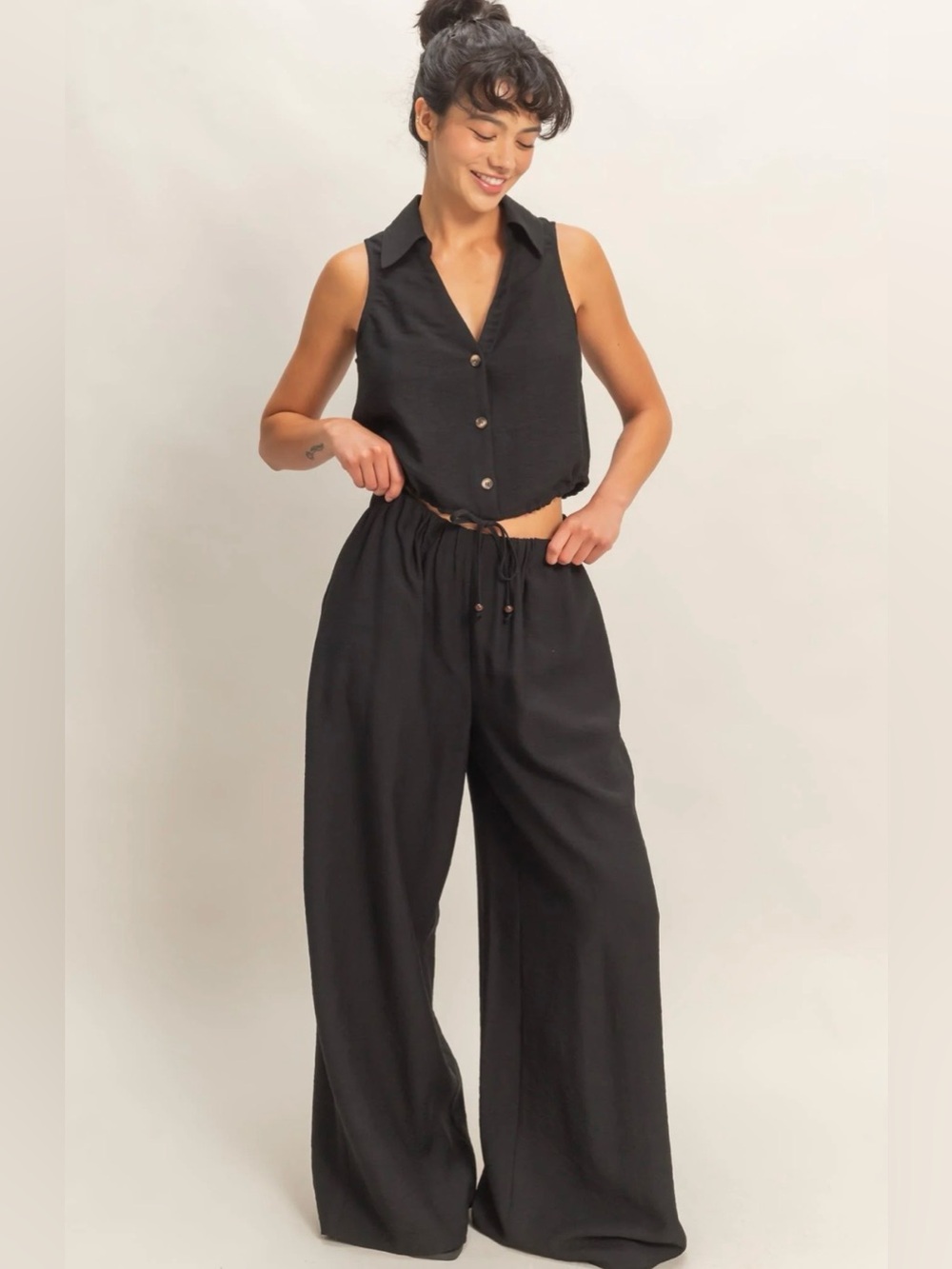 HYFVE Black Sleeveless Button-Front Wide Leg Jumpsuit